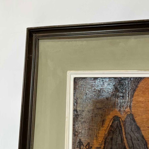 Vintage pyrography wall art with surreal landscape and artist signature, 62x47
