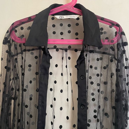 Zara lace polka dot shirt like new, see through with satin details
