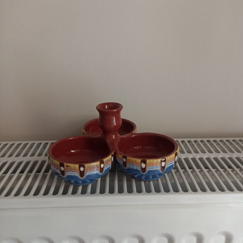 Ceramic salt cellar with three compartments and toothpick holder, like new