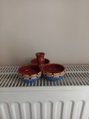 Ceramic salt cellar with three compartments and toothpick holder, like new
