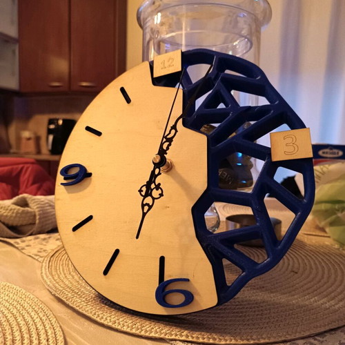 Industrial Minimal wall clock with wood and blue geometric design, new