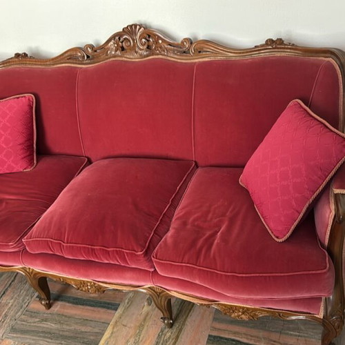 Three-seater sofa and two armchairs, carved walnut wood, velvet fabric