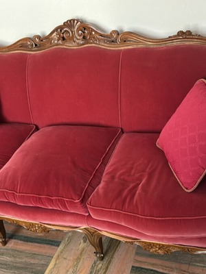 Three-seater sofa and two armchairs, carved walnut wood, velvet fabric
