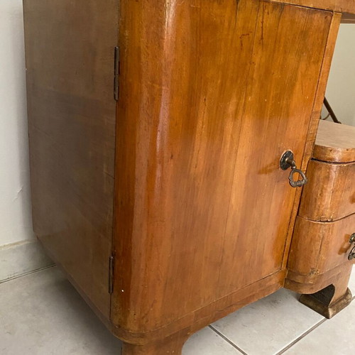 Vintage wooden Art Deco nightstand used with cabinet and 2 drawers