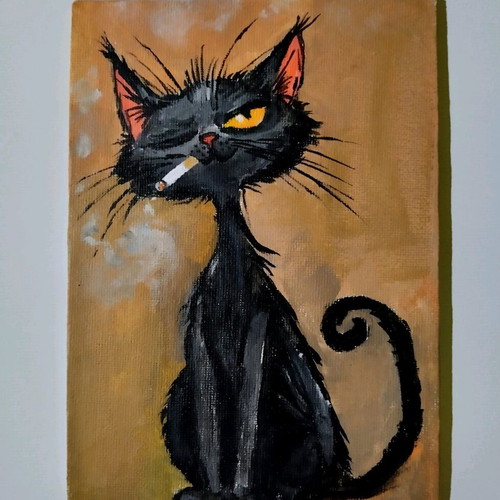 Handmade painting Black Cat new, acrylic on canvas 13×18 cm