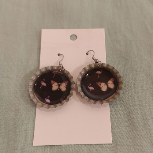 Earrings with butterfly and flamingo design, new, blue and pink