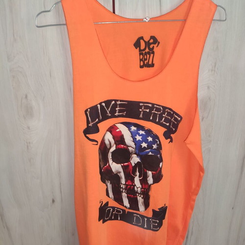 De Bezz unisex sleeveless shirt new, bright orange with "Live free or Die" print
