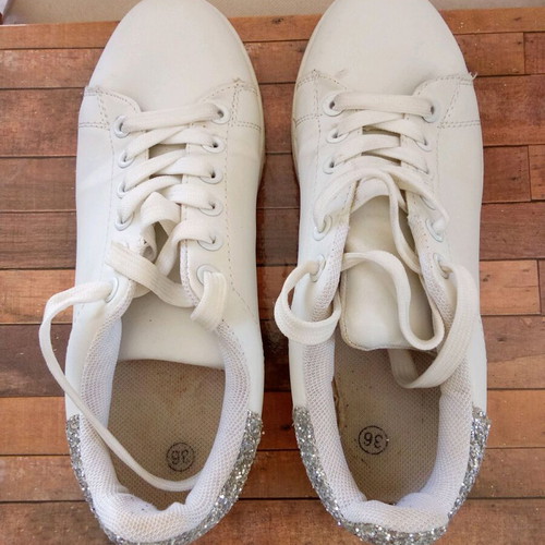 Sneakers used, white with silver rhinestones, size 36