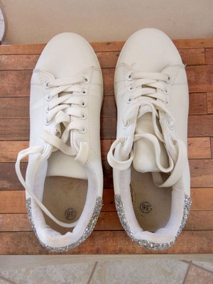 Sneakers used, white with silver rhinestones, size 36