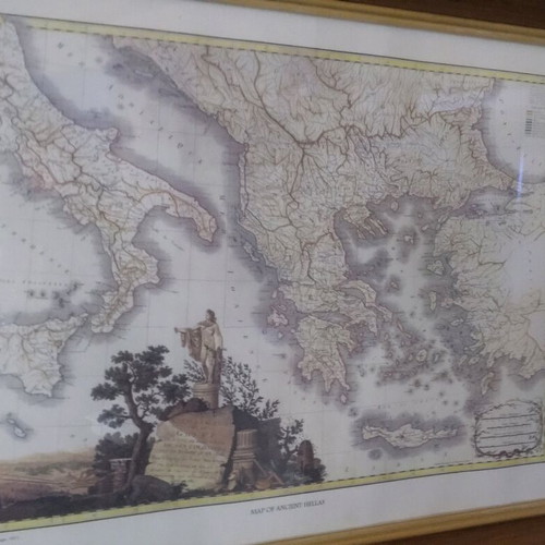 Engraving map of Greece vintage, like new, colored with frame