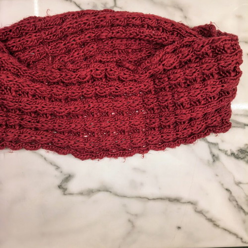Knitted circular snood scarf, like new, burgundy red, medium