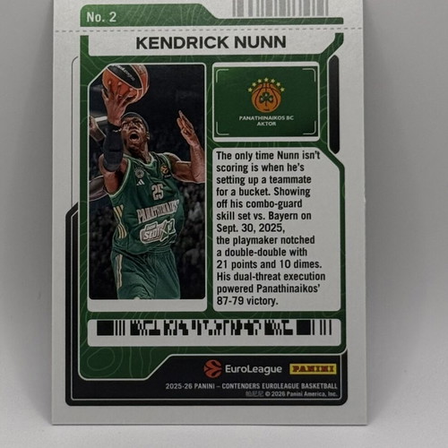 Kendrick Nunn 2025-26 Panini Contenders EuroLeague card like new
