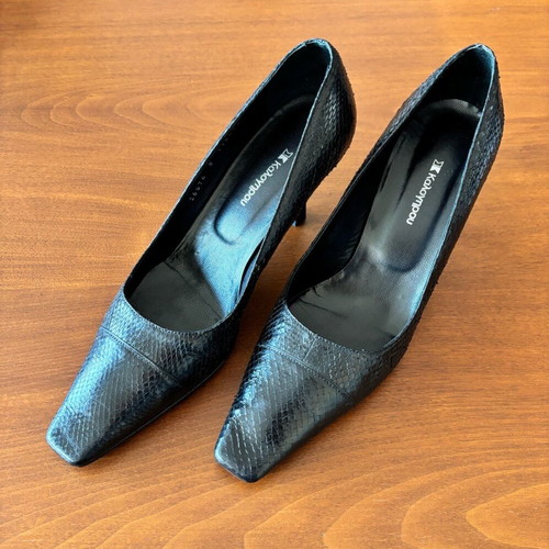 Kalogirou Black Leather Snake Print Heels like new, size 39-39.5