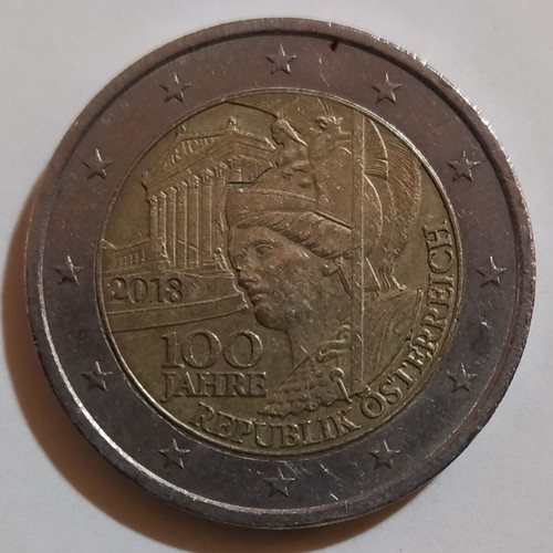 Αυστριακό δίευρο 2€ 2018 συλλεκτικό μεταχειρισμένο, 100 χρόνια Δημοκρατίας