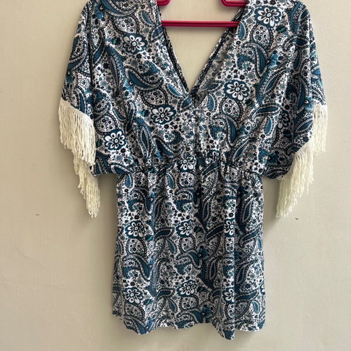 Blouse dress with blue paisley and white fringes like new, size S