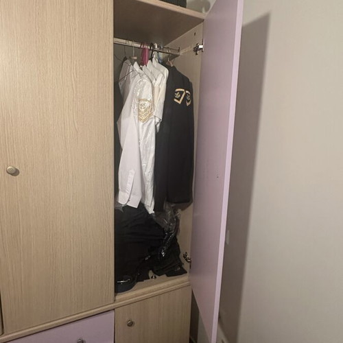 Three-Door Wardrobe with Drawers like new, Scandinavian Light Brown and Lilac