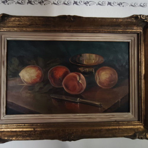 Still life painting with peaches and knife, framed