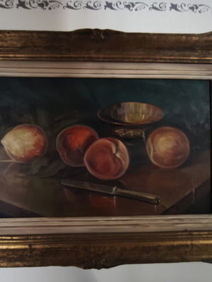 Still life painting with peaches and knife, framed