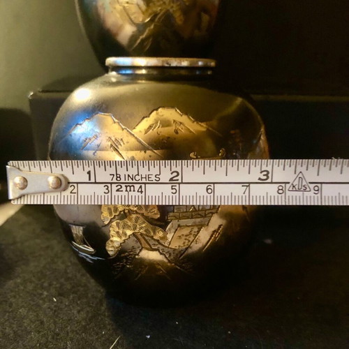 Set of 2 old Japanese metal Mt.Fuji vases used