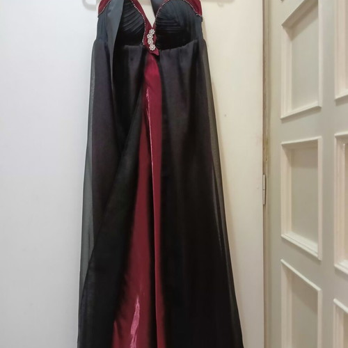 Women's handmade dress with short coat, velvet scarf and bag, black and red, S-M