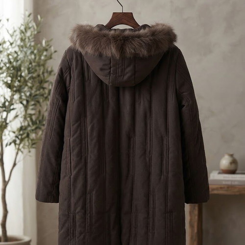 Ellen Rose winter coat with fur hood, brown, size L