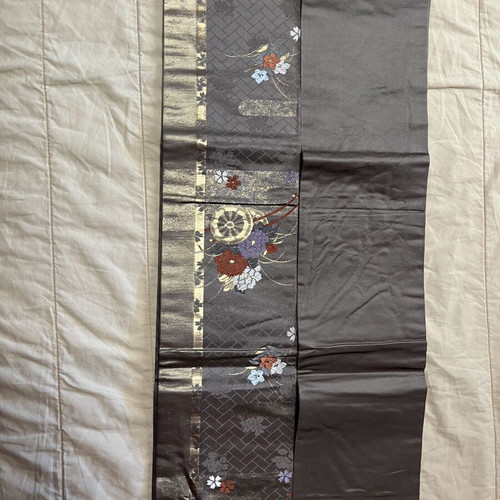 Kimono Obi belt like new, silk, gray and gold, 420 cm length
