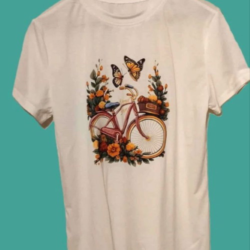 White mako t-shirt with colorful bicycle and flowers print, like new, size L