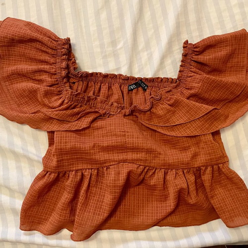 Zara Boho Crop Top with Ruffles and Front Tie, Size S, Like New, Orange