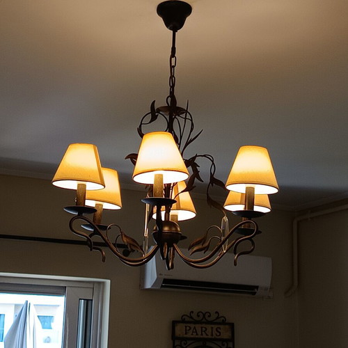 Chandelier with six ivory lampshades, rustic metal and crystal leaves, like new