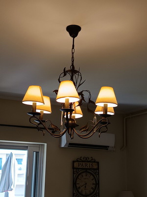 Chandelier with six ivory lampshades, rustic metal and crystal leaves, like new