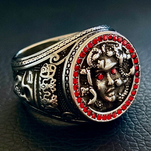 Medusa Gorgon ring, 316L stainless steel with red cubic zirconia
