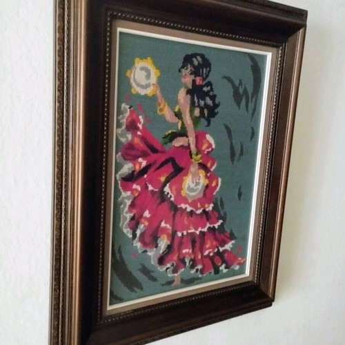 Vintage Handmade Embroidery "Spanish" – Canvas with Wooden Frame