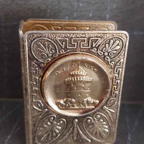 Vintage metal matchbox holder used, Alexander the Great and White Tower