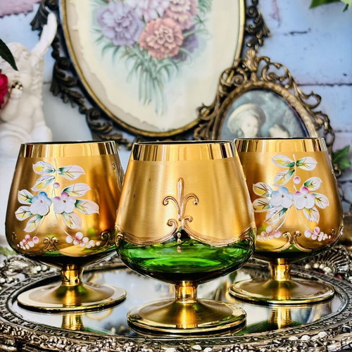 Vintage set of 6 green crystal glasses with gold decoration