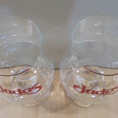 Judas beer set of 2 used promotional stemmed glasses 0.68lt