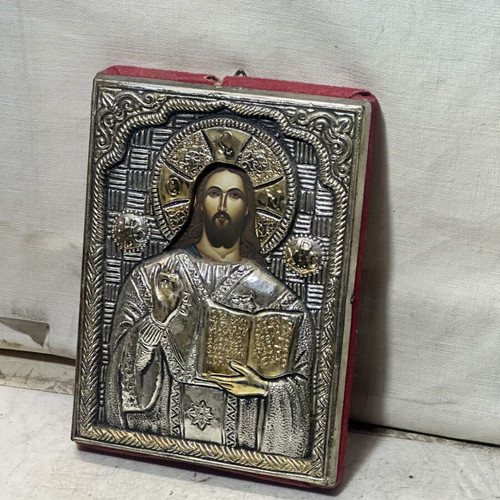 Jesus Christ Pantocrator embossed metal icon, used, 12×10 cm