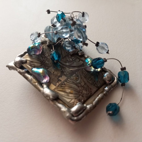 Metal handmade vintage brooch with blue and iridescent beads new