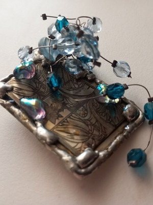Metal handmade vintage brooch with blue and iridescent beads new