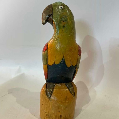 Vintage wooden parrot figurine handmade, used, painted from Puerto Rico 20x6x6