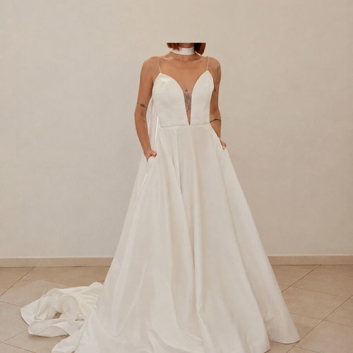 Galliano wedding dress satin with long train and tulle choker veil