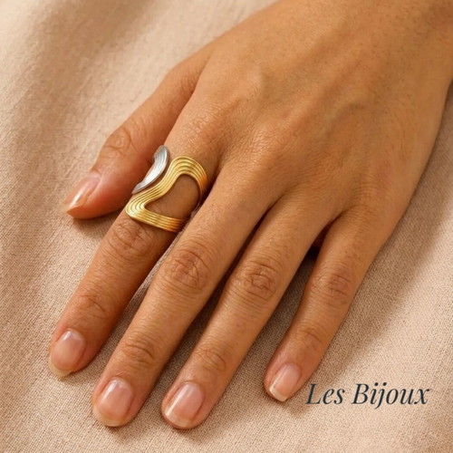 Two-Tone Stainless Steel Ring Gold Silver One Size Adjustable