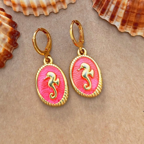 Seahorse dangle earrings new, gold tone with coral enamel