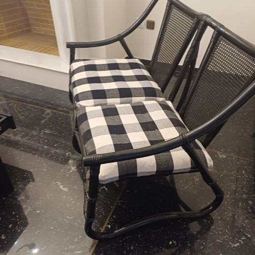 Black Rattan Two-Seater Sofa with Cushions