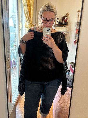 Mat knitted blouse with batwing sleeves and sheer details like new, black