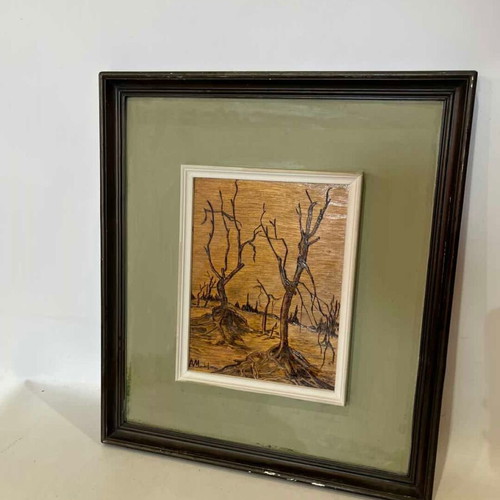Vintage pyrography wall frame with tree illustration and artist signature 40x36