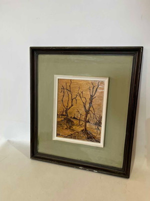 Vintage pyrography wall frame with tree illustration and artist signature 40x36