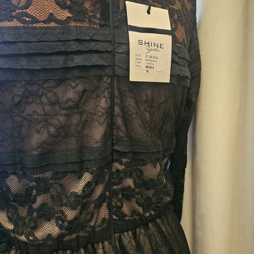 Shine Midi Black Dress with Tulle Lace and Inner Lining, New, Size M