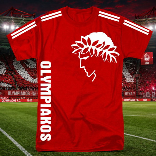 Olympiakos red cotton T shirt new with stripes print