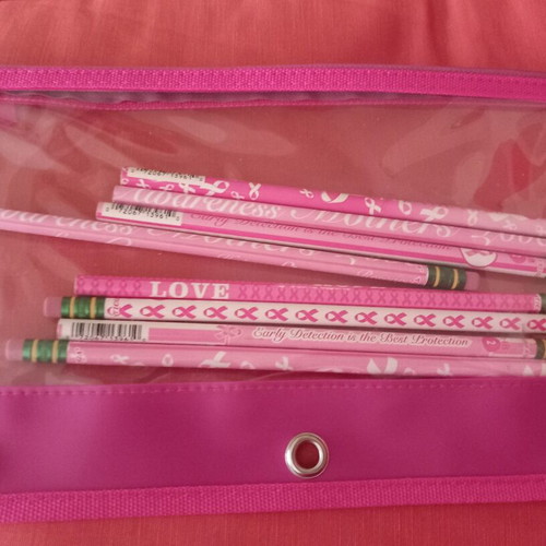 Transparent pink pencil case with used breast cancer awareness pencils