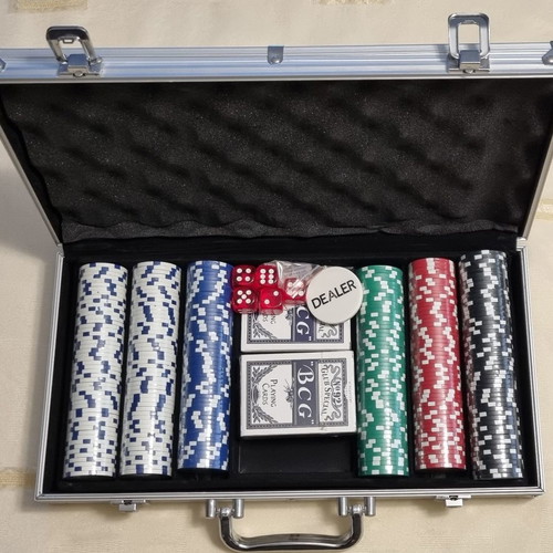 Poker and Roulette Chips and Playing Cards Set new, 300 chips, 2 decks, dice